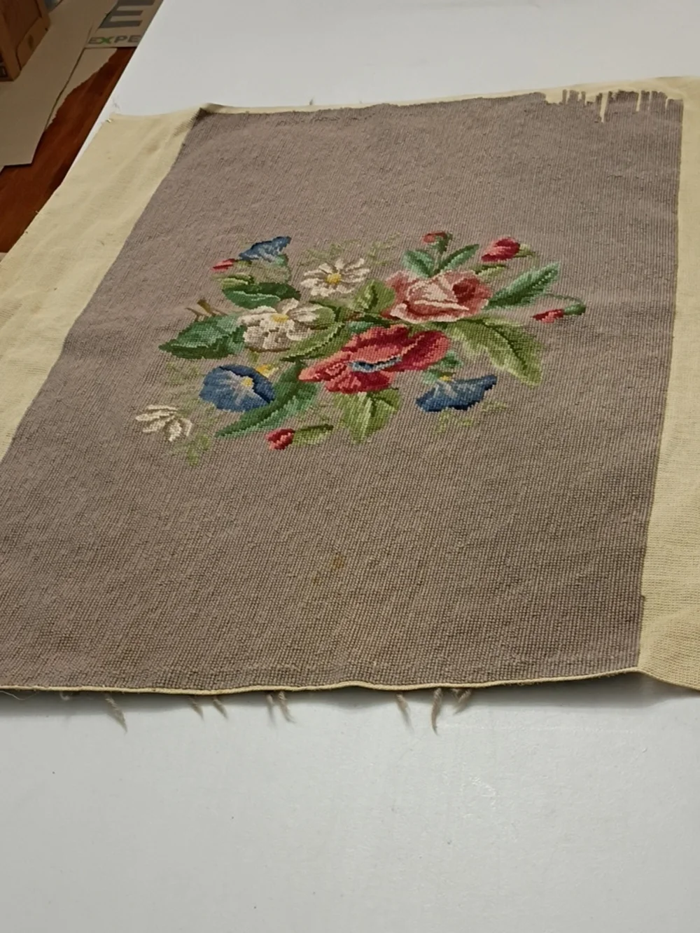 Vintage Floral Needlepoint Canvas Accent Panel in Taupe and Multicolor
